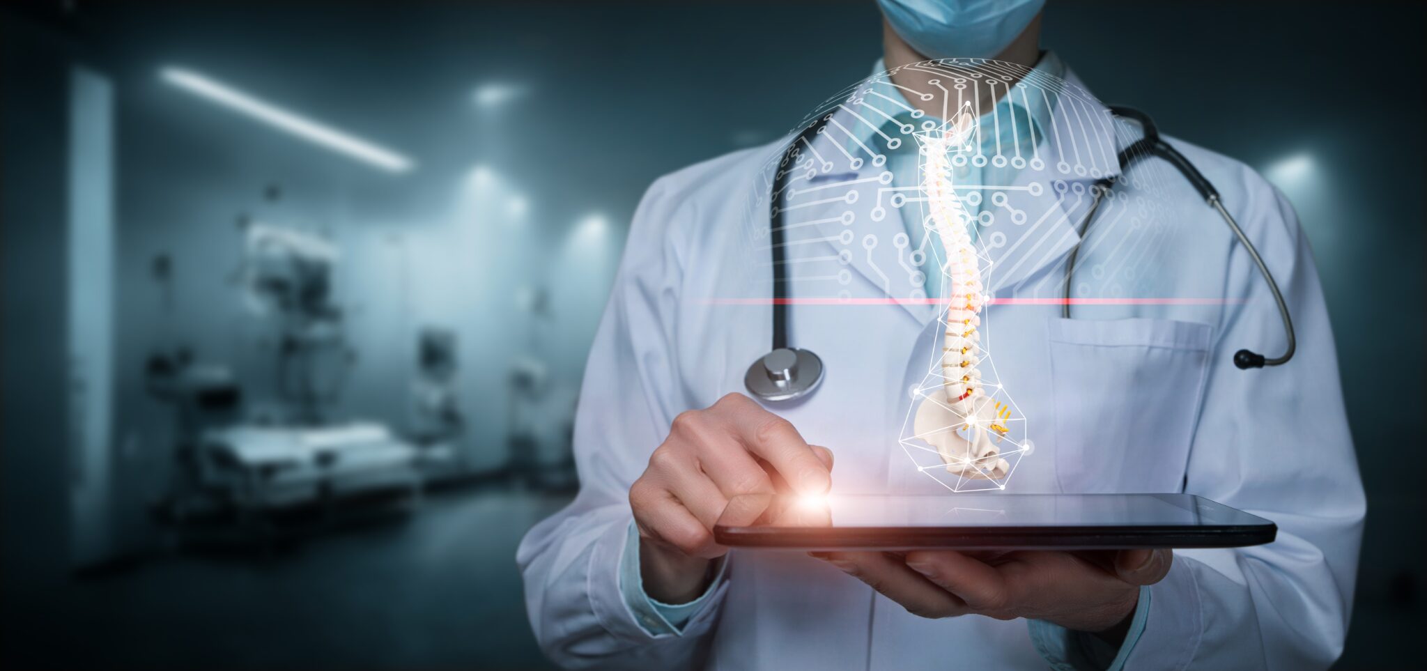 Doctor with tablet and spine coming out with innovation elements surrounding it
